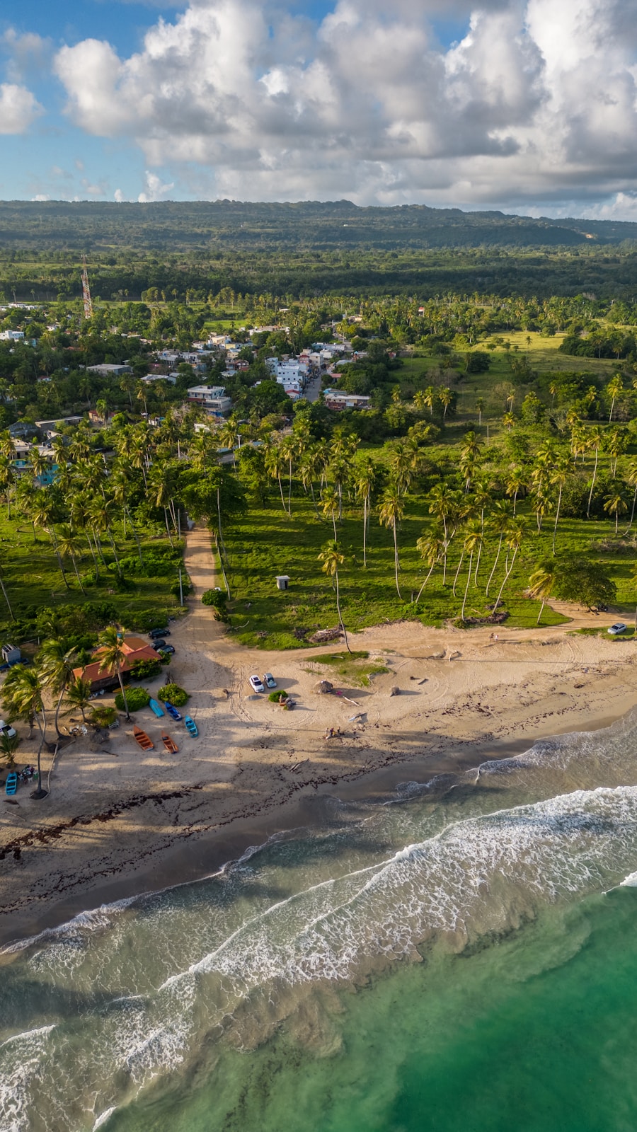 an aerial view of a beach and a resort