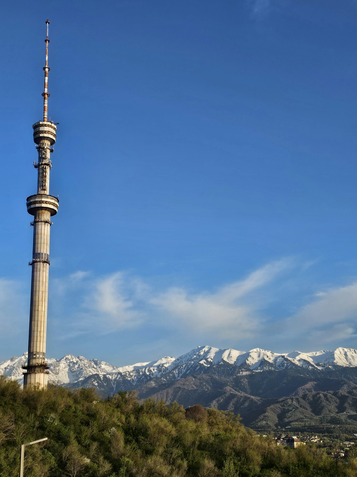 Tall tower stands on a hill with snowy mountains behind
